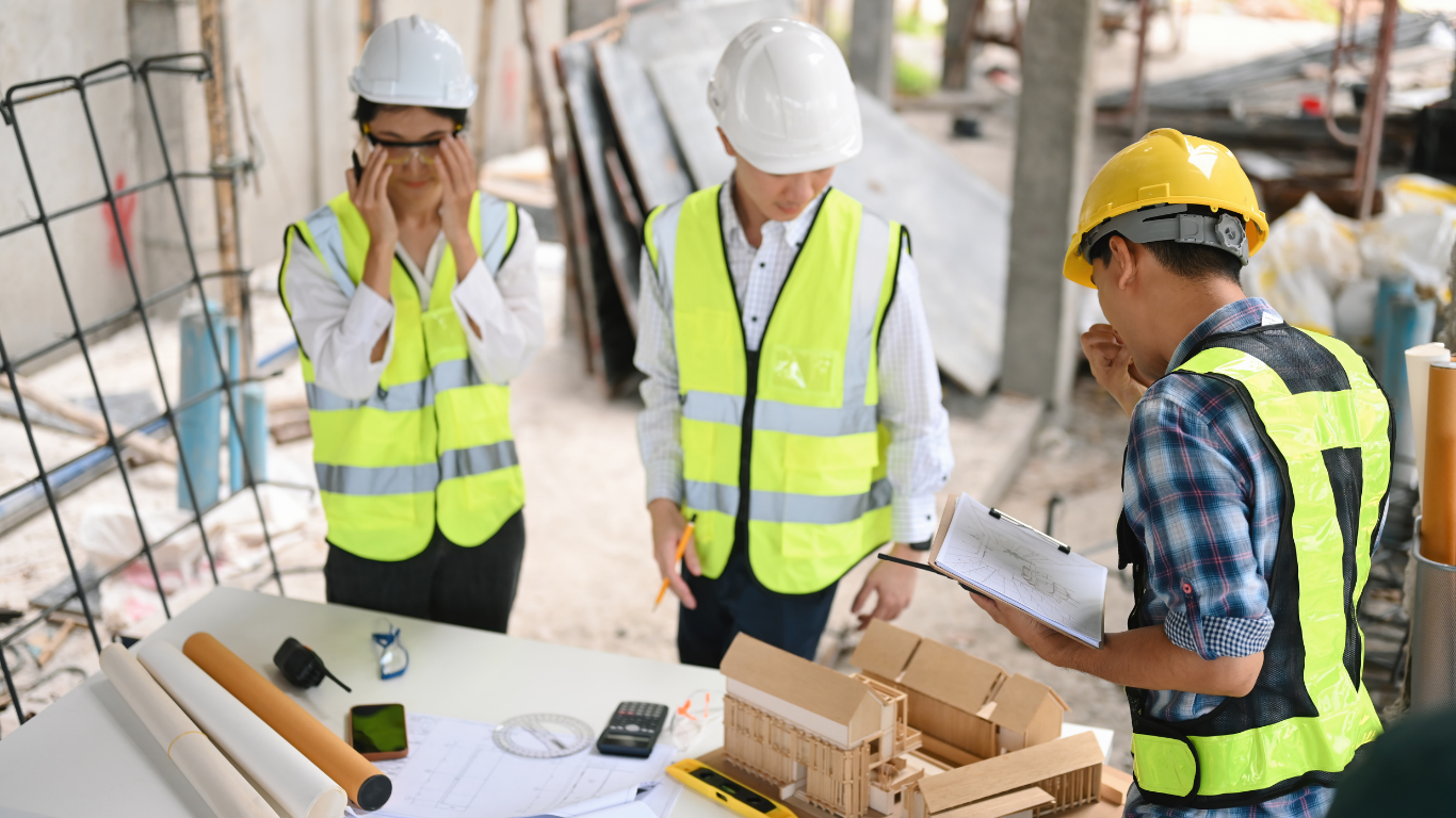 Construction team reviewing plans